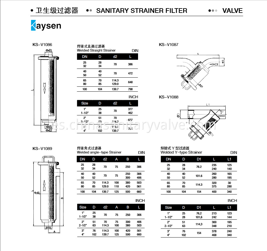 Stainless Steel Sanitary Filter Stainer Dimension size